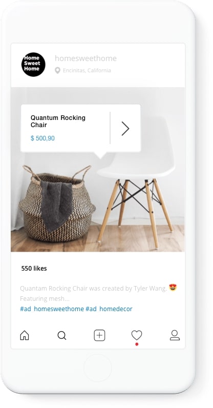 A smartphone displaying an example of a shoppable Instagram post that features a rocking chair.