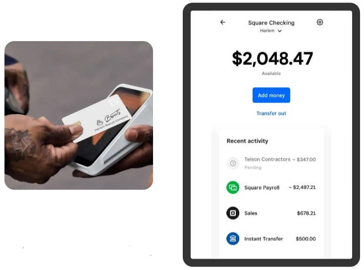 Square Banking's checking account dashboard and physical debit card.