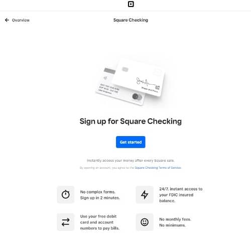 Square checking sign up screen.
