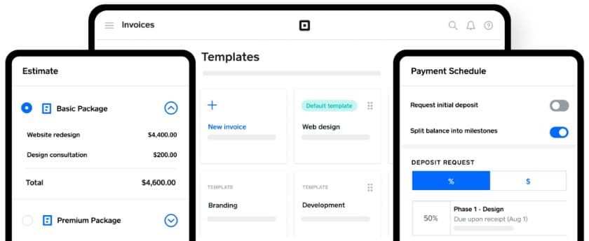 Square Plus Billing sample templates, quotes, and payment schedule screens.