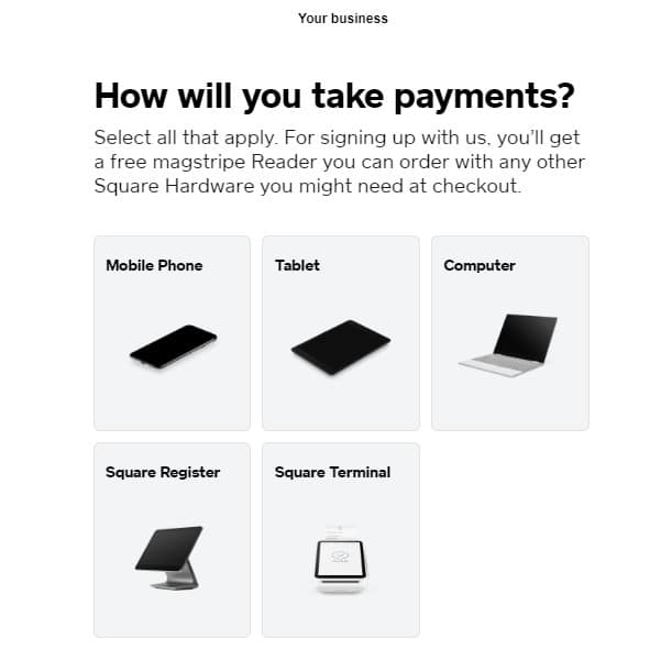 Square pos payment type screen.
