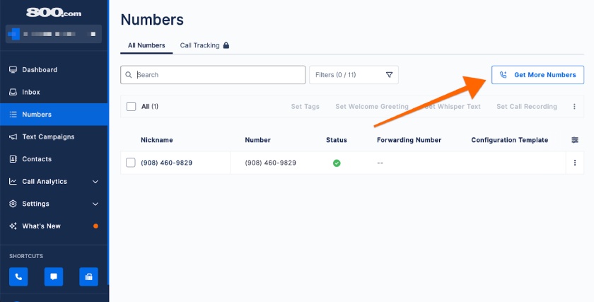 The 800.com dashboard showing a list of phone numbers with an arrow pointing to the 'Get More Numbers" button.