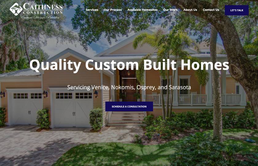 The Caithness Construction home page featuring a wide shot of a single-family home with a two-car garage overlaid with seven menu items and two call-to-action buttons.