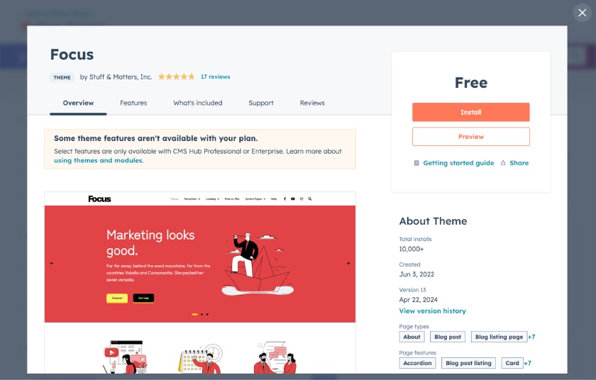 The details page for the free HubSpot theme "Focus" with information about the theme and options to install or preview.
