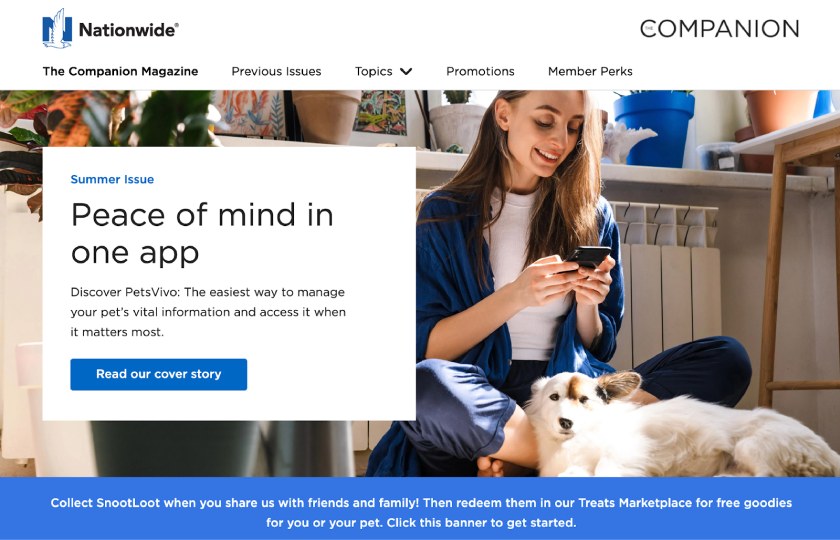 The home page for Nationwide's Companion Magazine featuring an image of a woman sitting on the floor looking at a smartphone with a small dog in her lap overlaid with a story headline and a call to action to read the cover story.