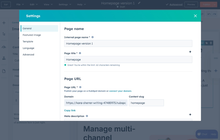 The HubSpot page setting modal with text boxes for customizing the page's internal name, external page or meta title, and page URL including its domain and content slug.