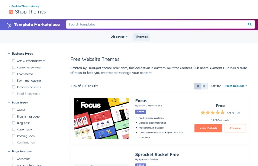 The HubSpot template marketplace with free and paid themes for arts, ecommerce, events, and other industry-specific websites with options to view theme details or preview themes.