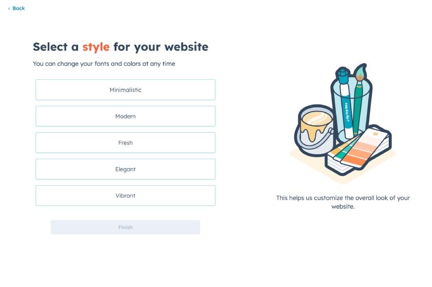 The HubSpot website builder questionnaire asking about the user's brand style with five answer options and no way to opt out followed by a button to finish the setup.