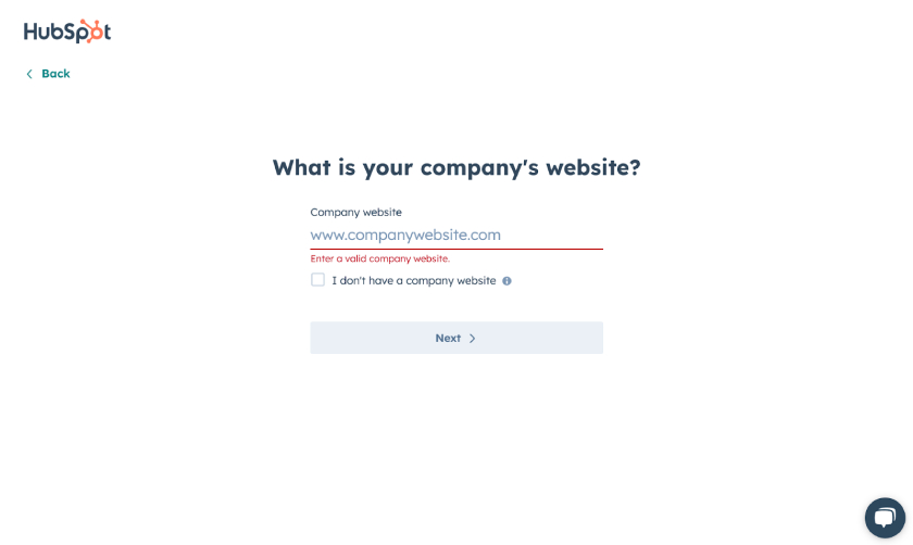 The HubSpot website builder questionnaire asking for the user's company website URL with a check box to opt out for users who don't have a company website.