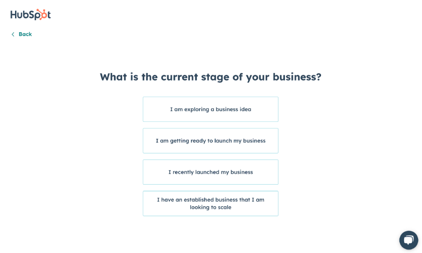 The HubSpot website builder questionnaire asking the stage the user's business is in with four answer options and no way to opt out of the question.