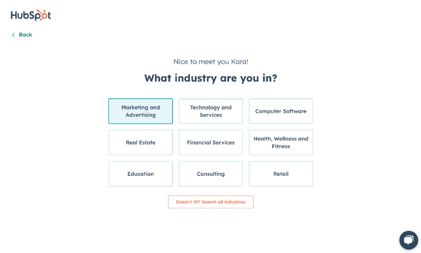 The HubSpot website builder questionnaire asking the user what industry they're in with nine options and a button to opt out of choosing.