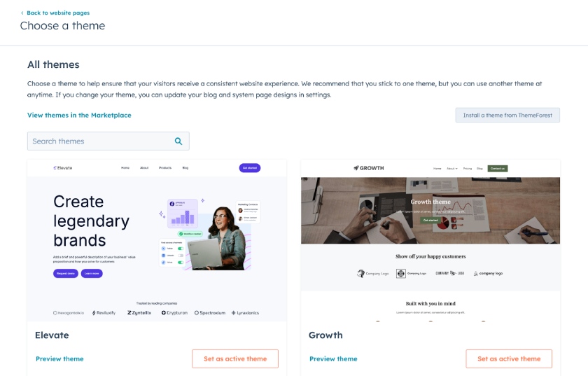 The HubSpot website's theme library with options like "Elevate" and "Growth" based on previously selected style preferences.