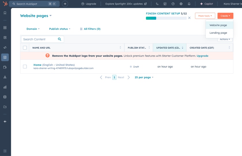 The website pages section of the HubSpot content module with a dropdown button to create a website or landing page in the top-right corner.