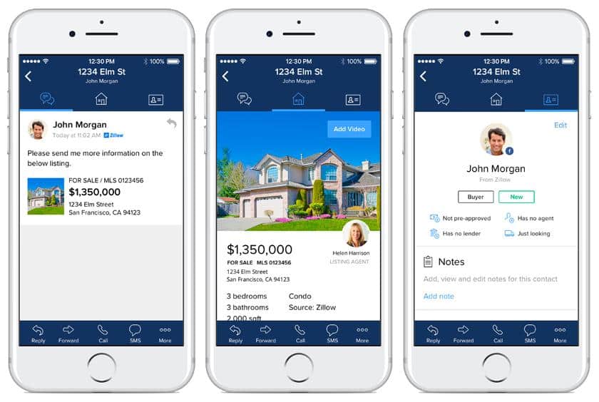 Three images examples of the Zillow Premier Agent mobile application interface.