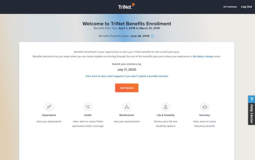 Trinet Benefits Enrollment Screen.