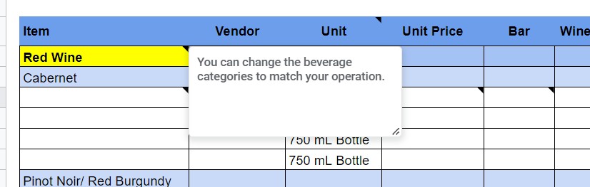 Updating beverage categories on the Inventory Count sheet.