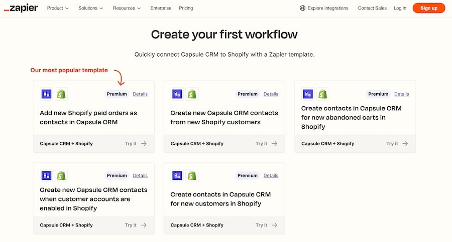 Zapier workflow templates for syncing contacts and orders between Capsule CRM and Shopify.