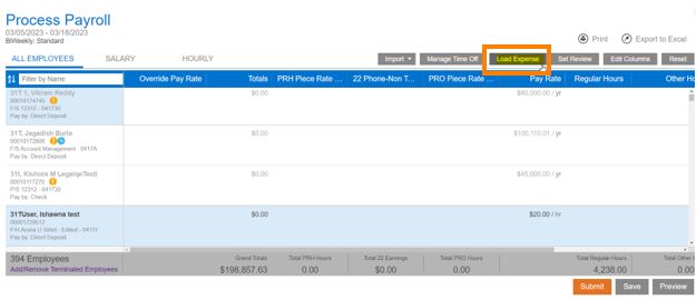 payroll process dashboard showing rates and total pay