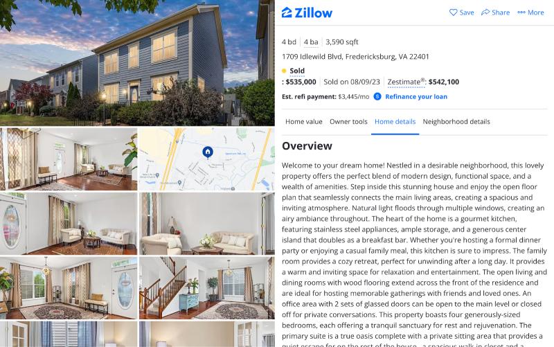 Sample listing section of a Zillow listing.
