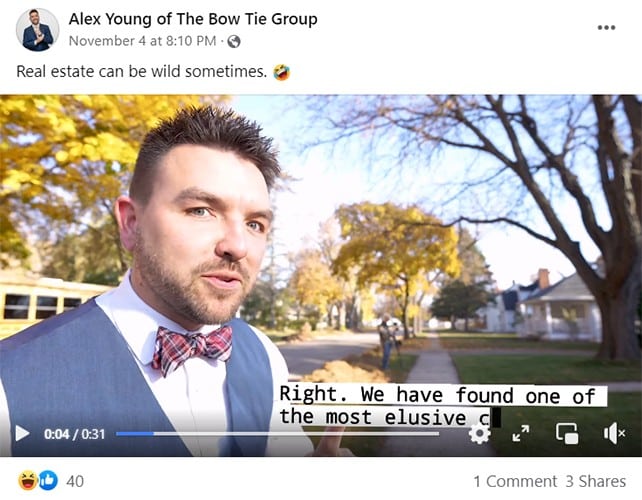 Example of Facebook real estate video marketing from The Bow Tie Group
