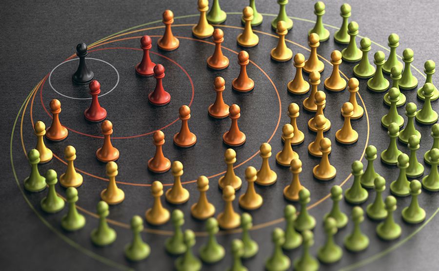 Different colors of pawns represent a sphere of influence for referrals