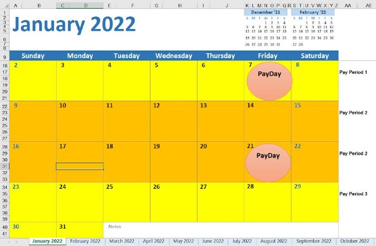 2022 Biweekly calendar.