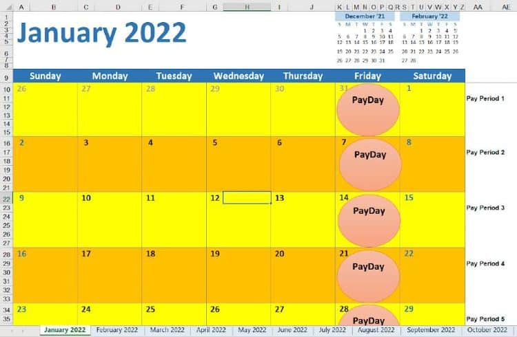 2022 Weekly calendar.