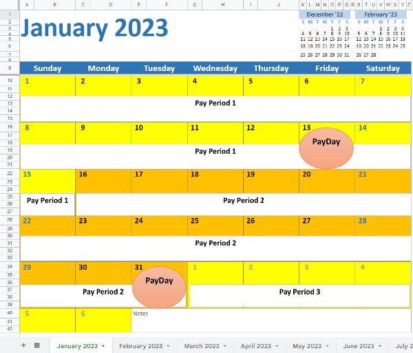 2023 Semi-monthly calendar.