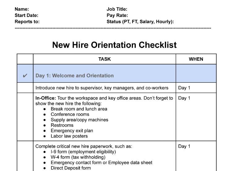 New hire orientation checklist.