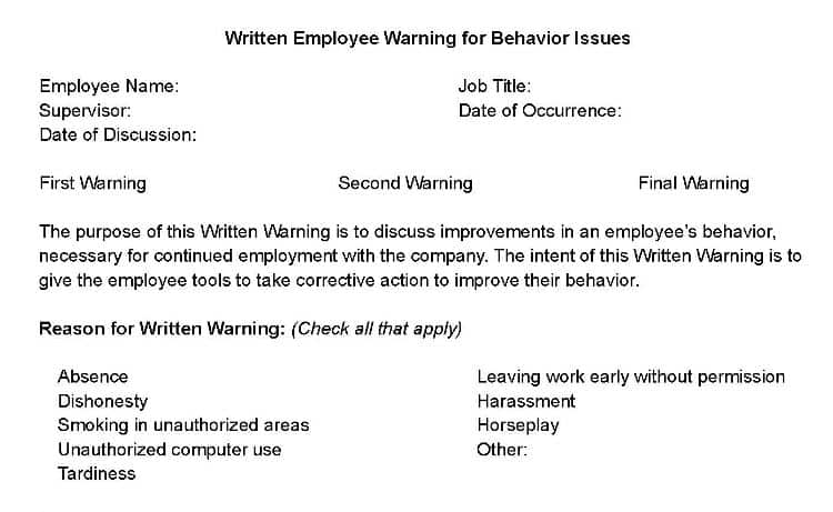 Written employee warning for behavior issues.