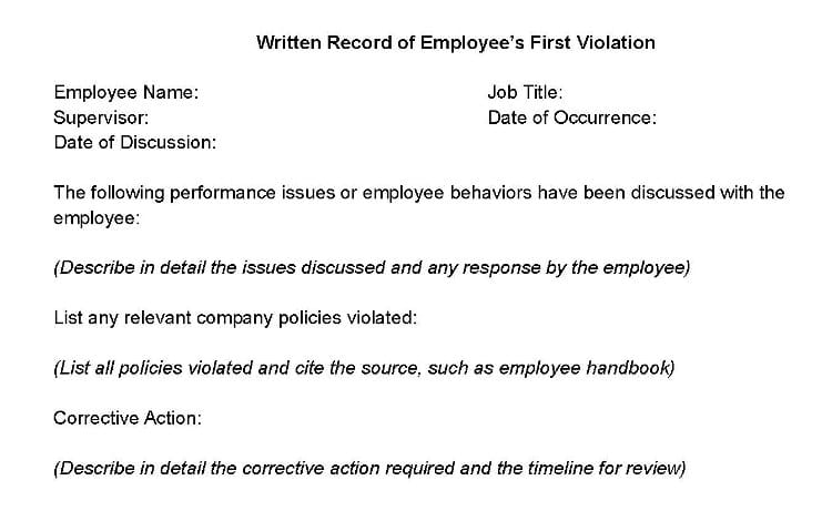 Written record of employee's first violation.