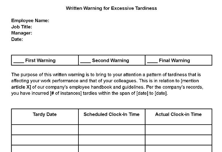 Written warning for excessive tardiness.