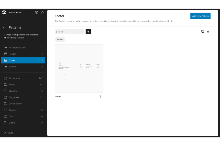 The Patterns tab inside the WordPress editor with tabs to editor your site header and footer.