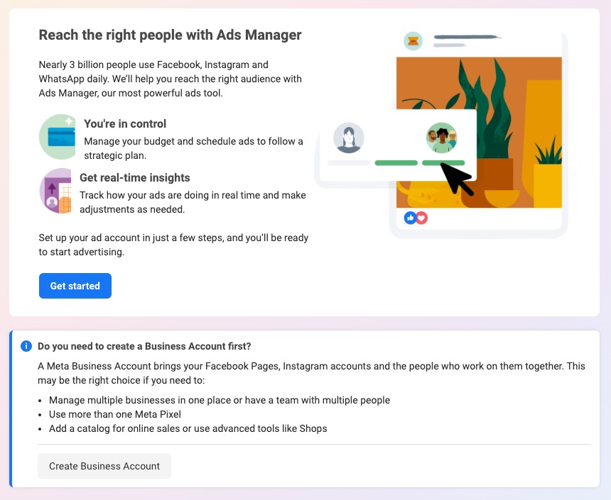Facebook Ads Manager set up page.