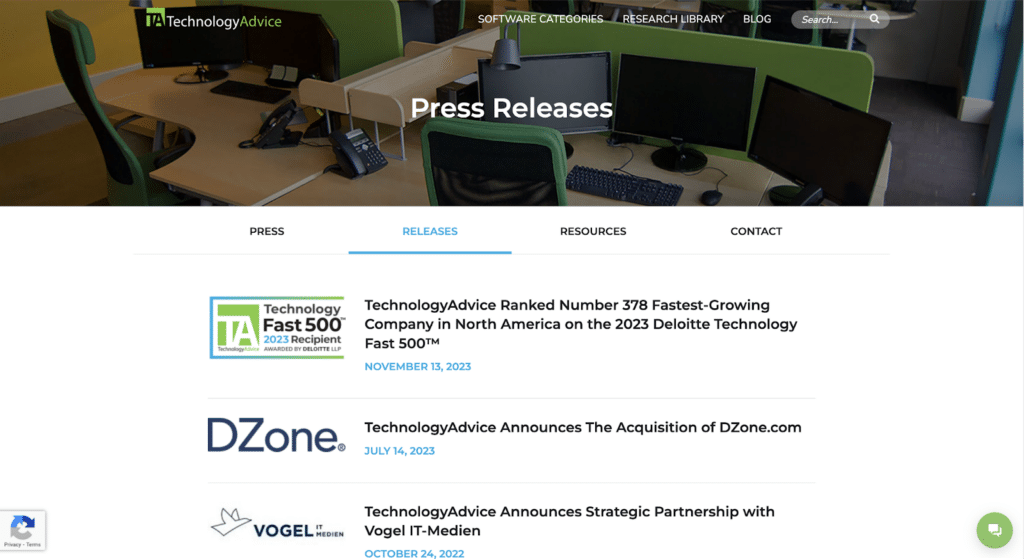 Sample Press page of the TechnologyAdvice website with press releases