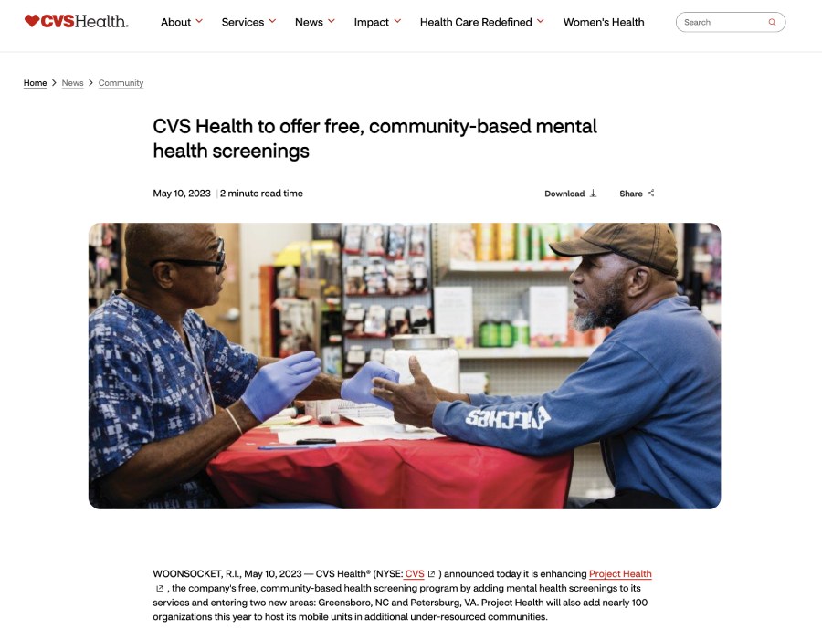 Screenshot of CVS Health press release.