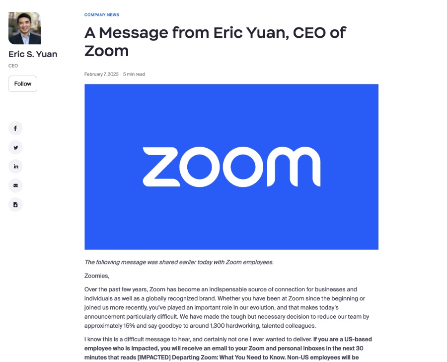 Screenshot of Zoom crisis communication press release.