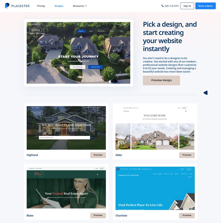 Placester’s website design page.