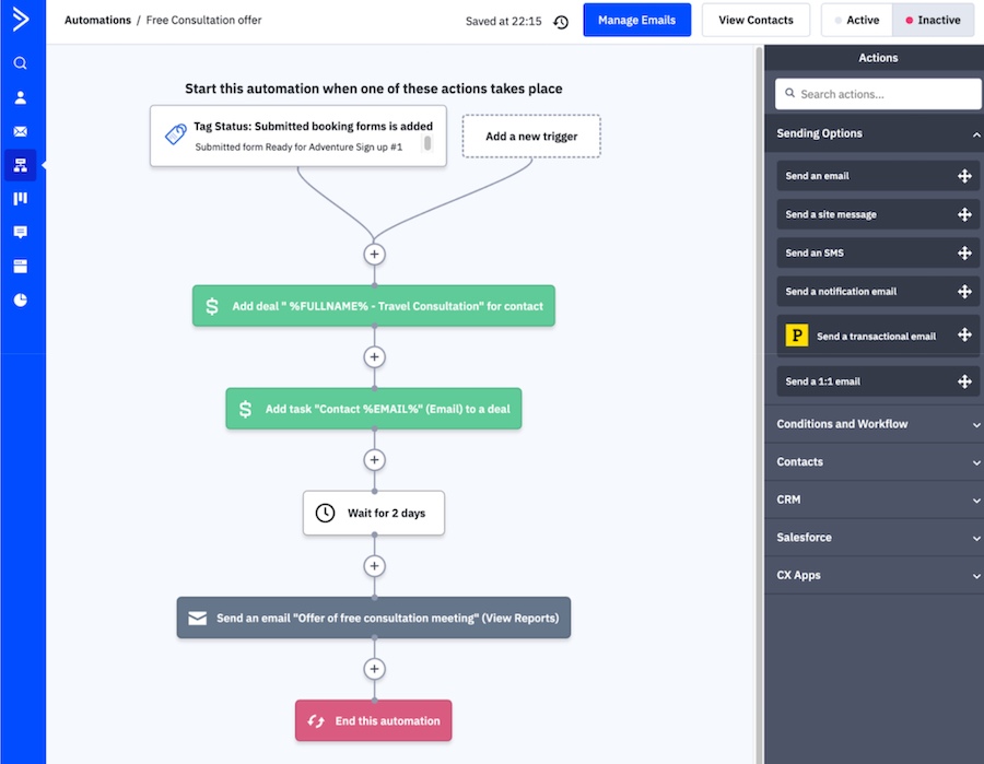 ActiveCampaign's multi-step marketing automation process with a tab for selecting campaign sending options.