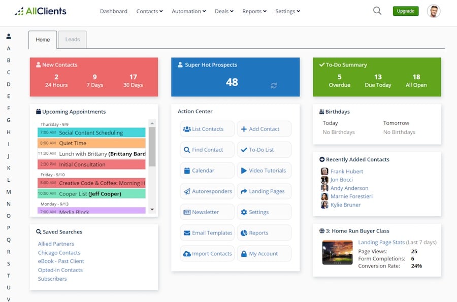 AllClients' customizable CRM dashboard and mobile app showing a contact record with automated follow-up options.