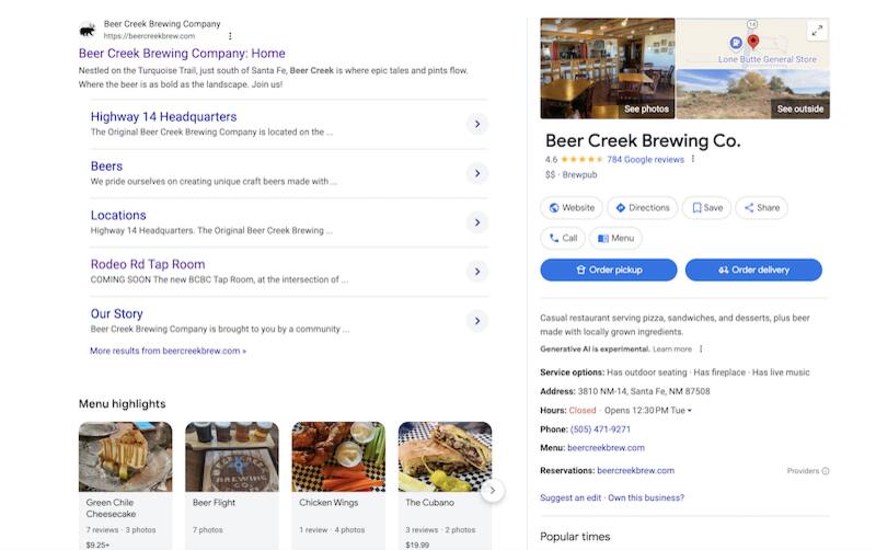 Google Business Page listing on a search results page for the brewpub Beer Creek Brewing Company, outside of Santa Fe.