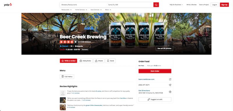 A Yelp listing on a search results page for the brewpub Beer Creek Brewing Company, outside of Santa Fe. 