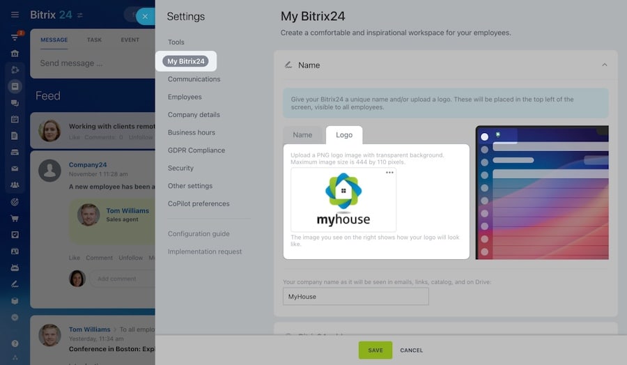 Bitrix24 account settings with the option to add a custom company logo.