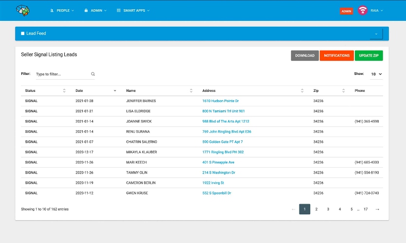 Offrs dashboard with Seller Signal Listing Leads and contact information