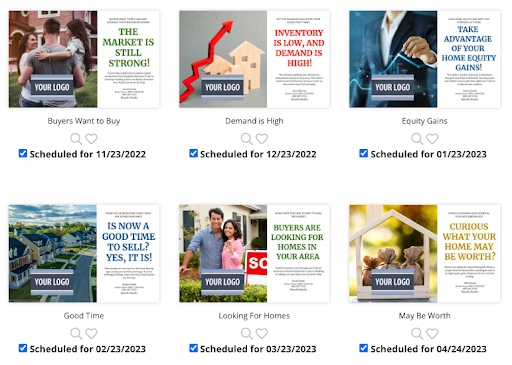 Several real estate market postcard templates with scheduling options