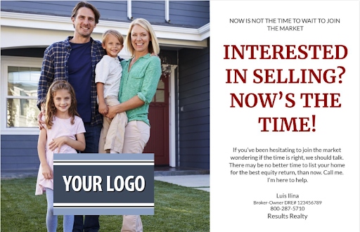 Real estate postcard with family picture titled "interested in selling? Now's the time!"