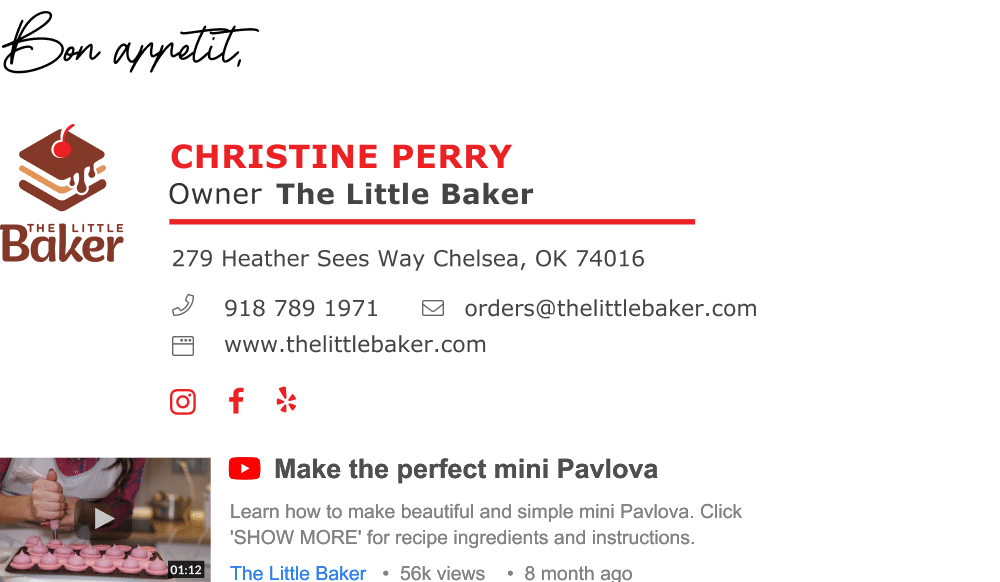 Example of a business owner's email signature.