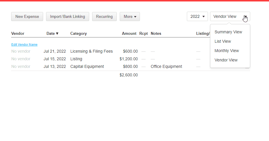 Expense report presented in different screen views In Realtyzam.