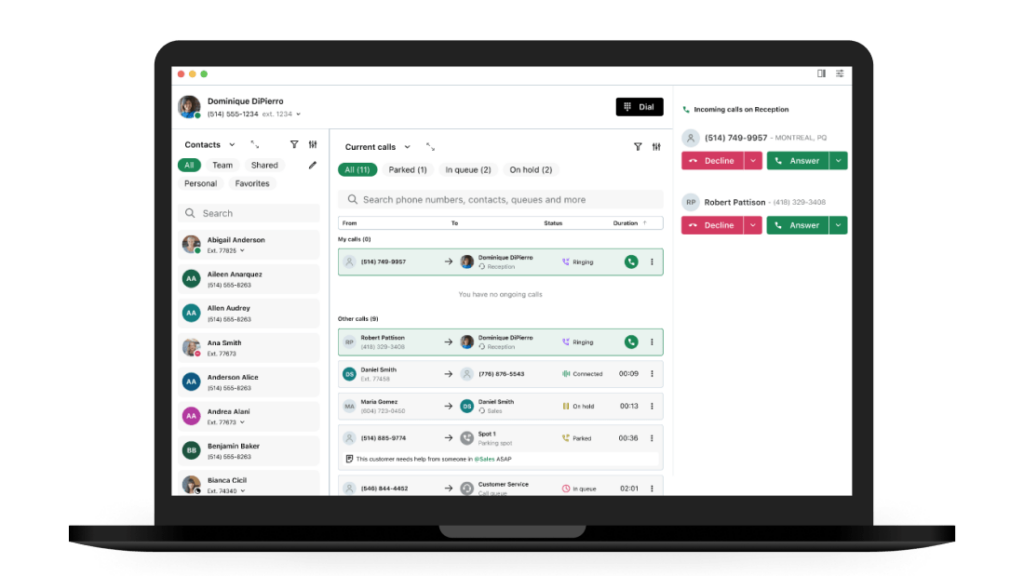 GoTo Connect attendant console with a desktop view of contacts and calls.