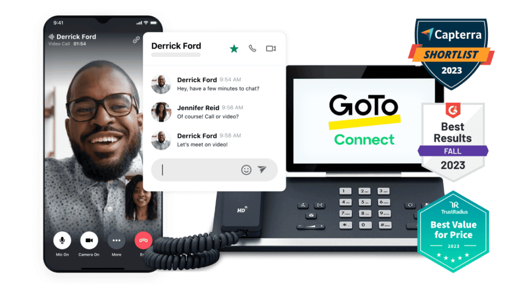 GoTo Connect call screens using the mobile application and VoIP phone featuring the provider's 2023 user awards.